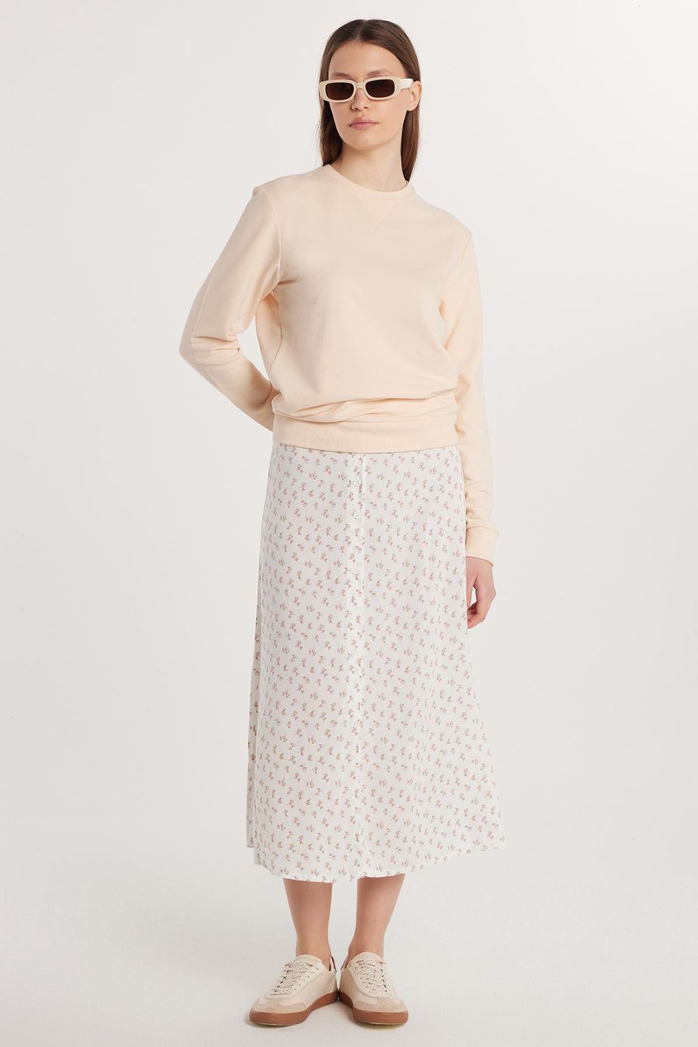 Kadın Standart Fit Viskon Lastikli Baskılı Midi Boy Etek