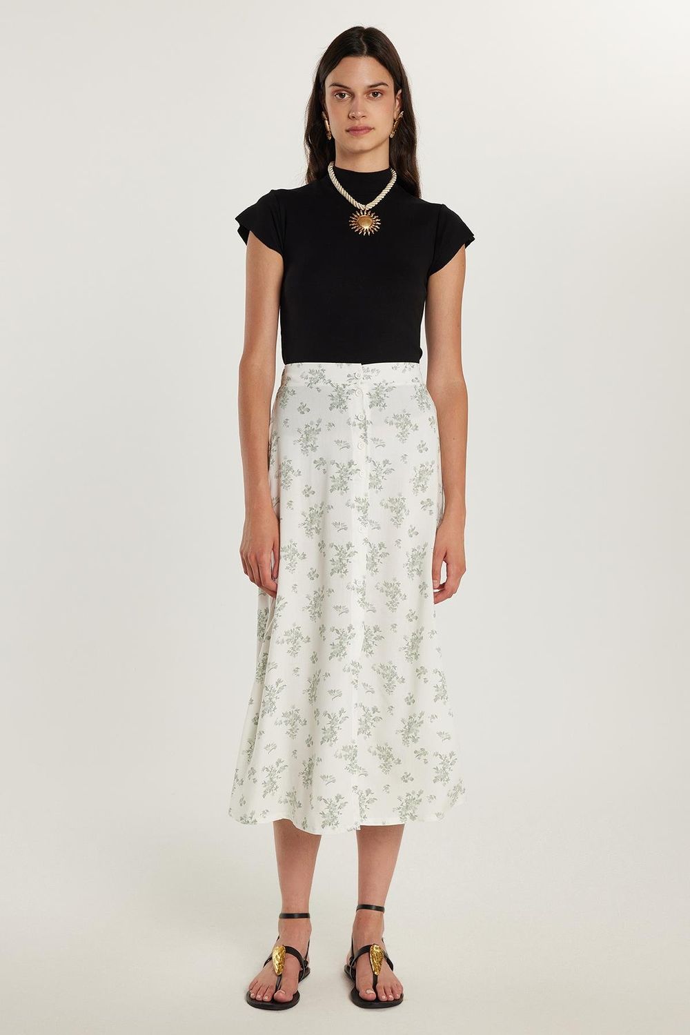 Kadın Standart Fit Düğmeli Viskon Lastikli Baskılı Midi Boy Etek