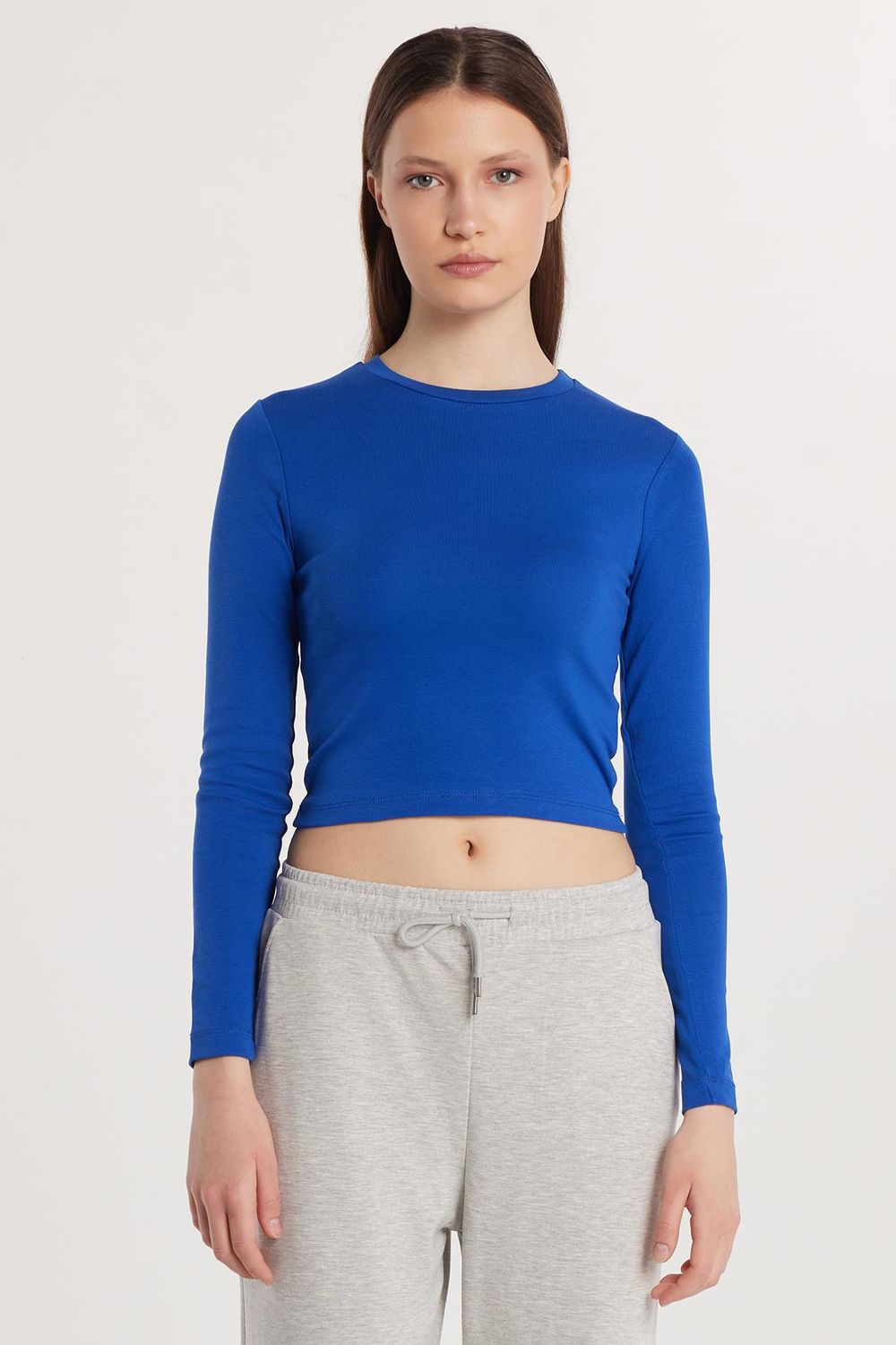 Kadın Slim Fit Pamuklu Uzun Kol Düz Bisiklet Yaka Mavi Bluz