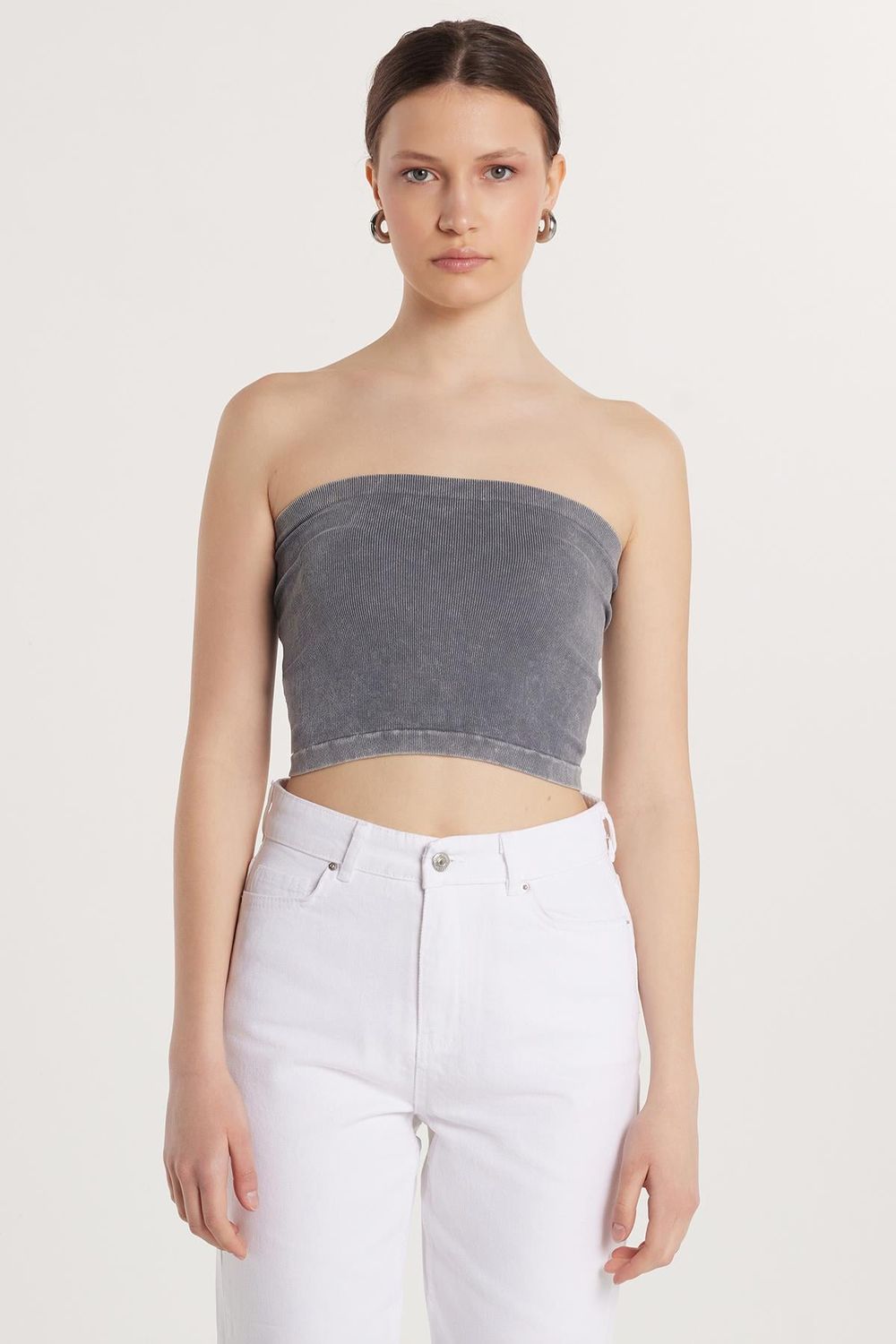 Kadın Slim Fit Pamuklu Straplez Düz Antrasit Bluz