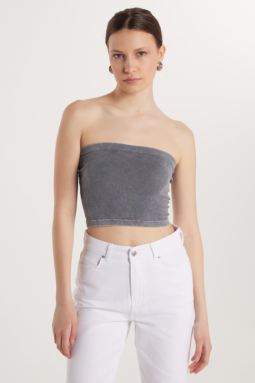 Kadın Slim Fit Pamuklu Straplez Düz Antrasit Bluz