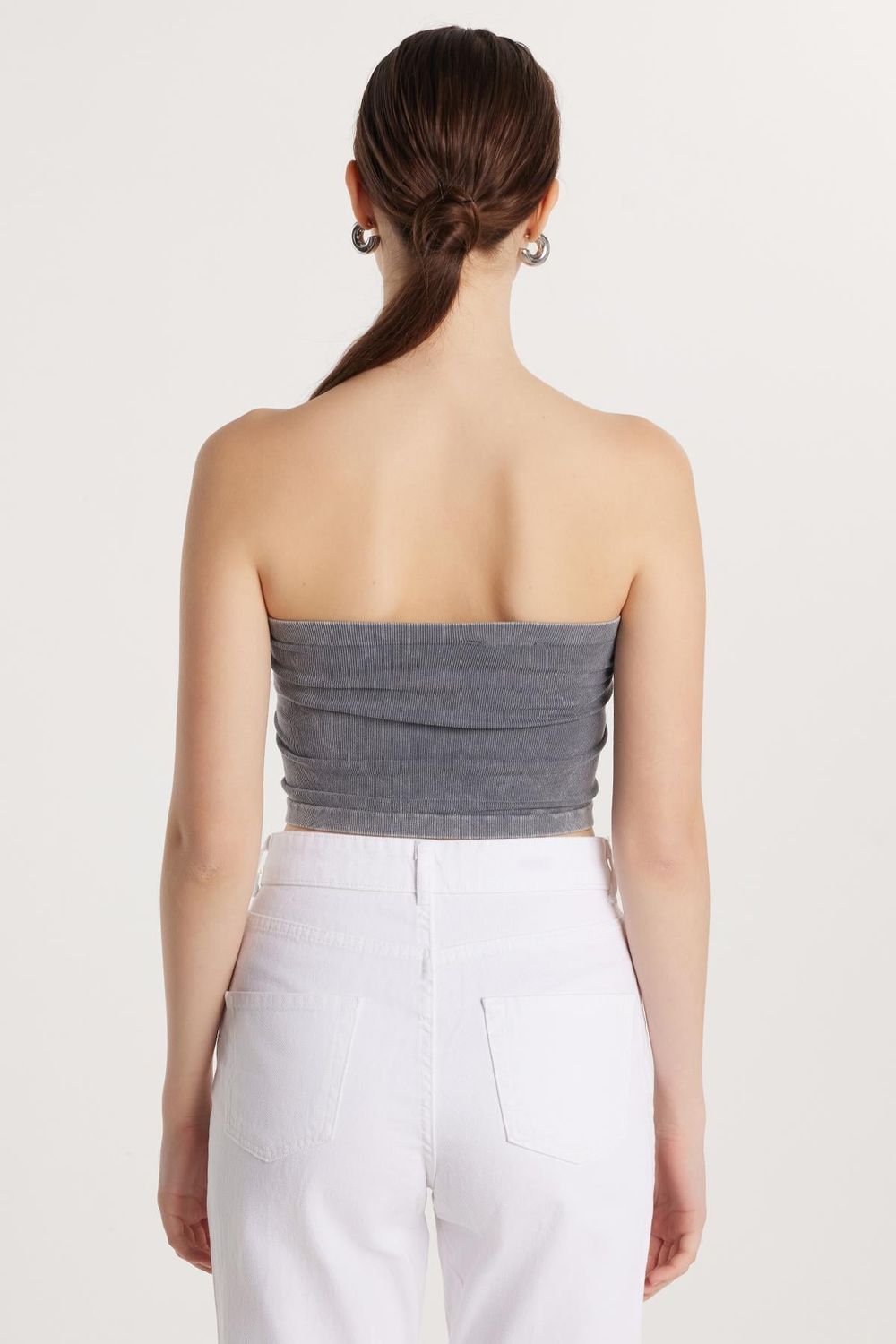 Kadın Slim Fit Pamuklu Straplez Düz Antrasit Bluz
