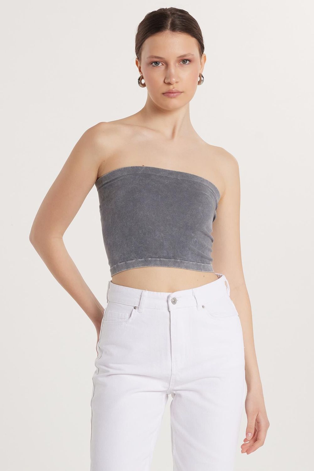 Kadın Slim Fit Pamuklu Straplez Düz Antrasit Bluz