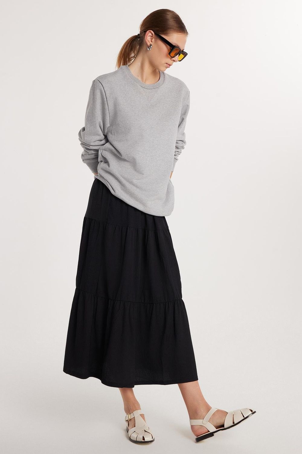 Kadın Regular Fit Pamuklu Düz Siyah Etek