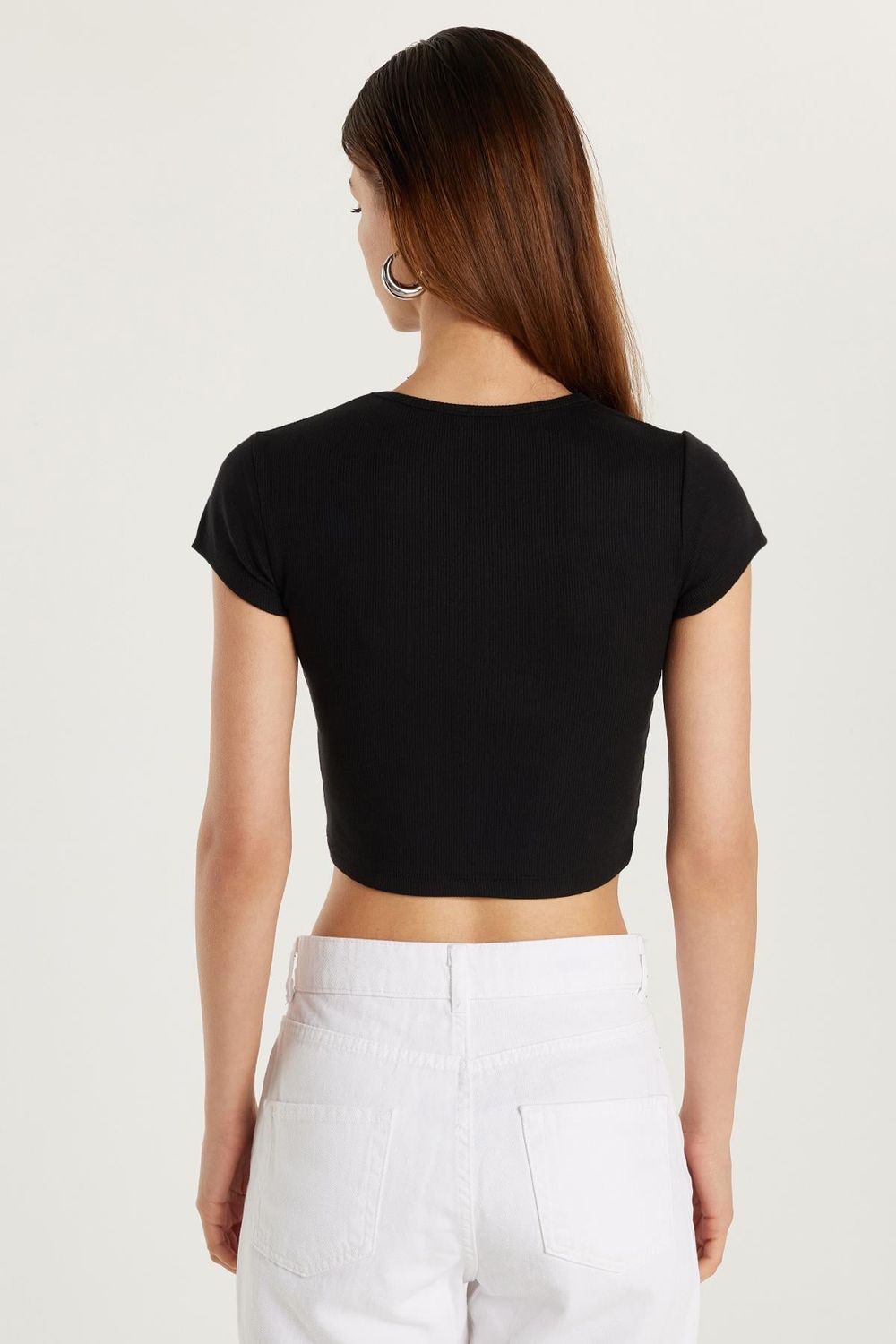 Kadın Slim Fit Dar Kesim Kısa Kollu Bisiklet Yaka Siyah Tişört