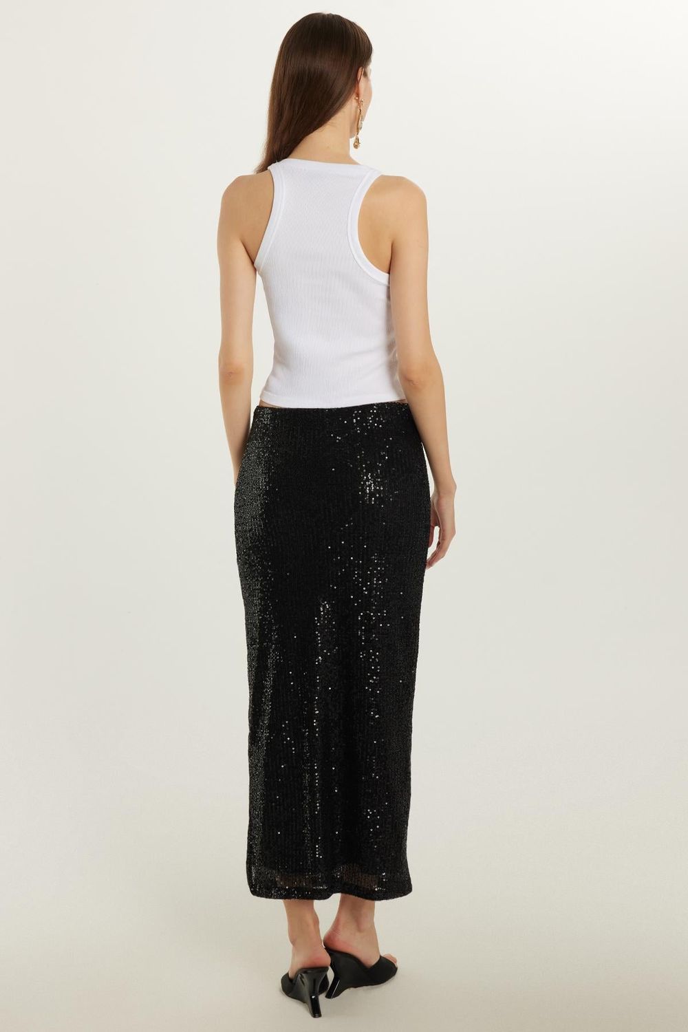 Kadın Slim Fit Simli Uzun Düz Siyah Etek