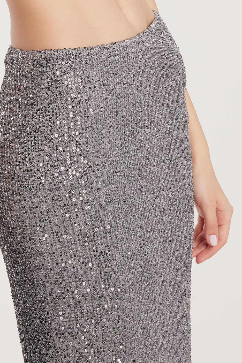 Kadın Slim Fit Simli Uzun Düz Gri Etek