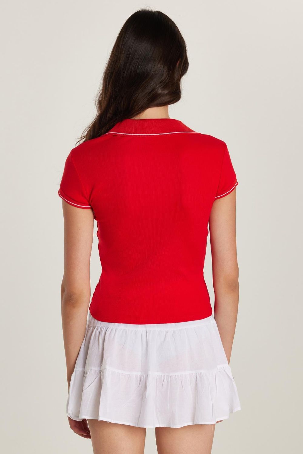 Kadın Modal Kumaş Slim Fit Dar Kesim Kısa Kollu V Yaka Kırmızı Bluz