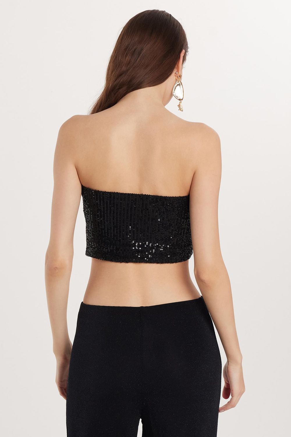 Kadın Slim Fit Dar Kesim Straplez Payetli Siyah Bluz