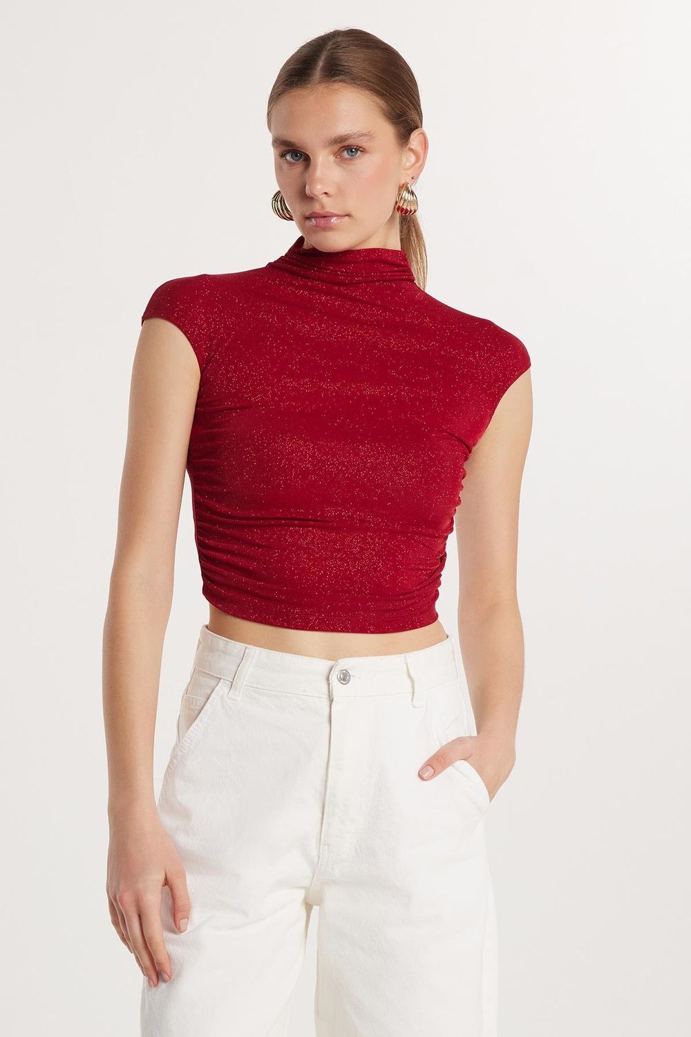 Kadın Slim Fit Dar Kesim Lastikli Kısa Kol Bordo Bisiklet Yaka Bluz