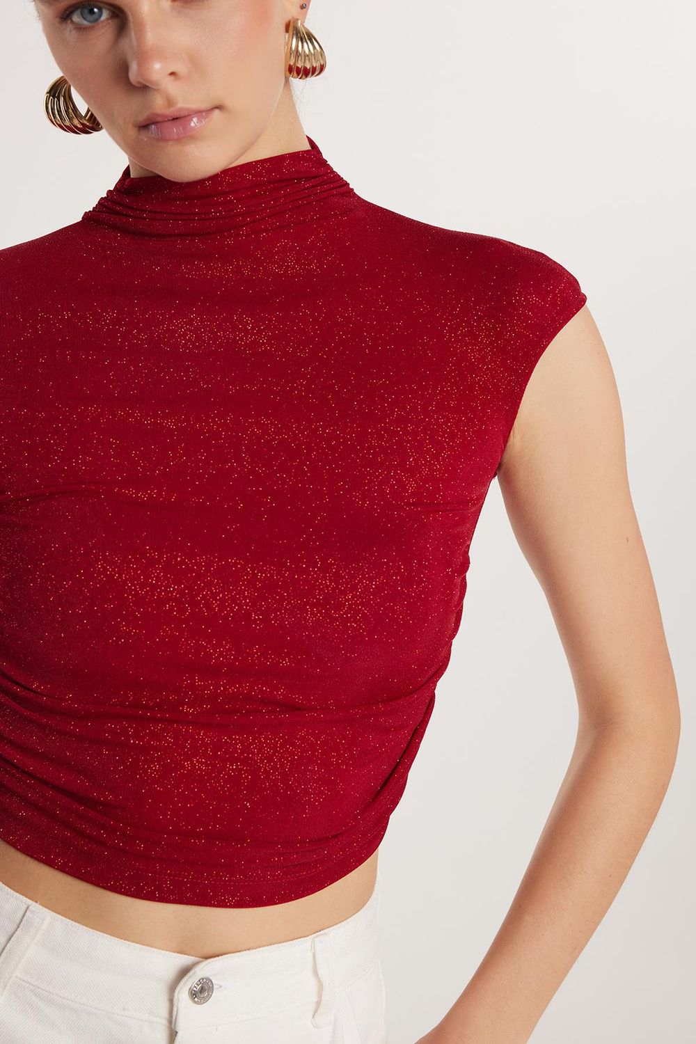 Kadın Slim Fit Dar Kesim Lastikli Kısa Kol Bordo Bisiklet Yaka Bluz