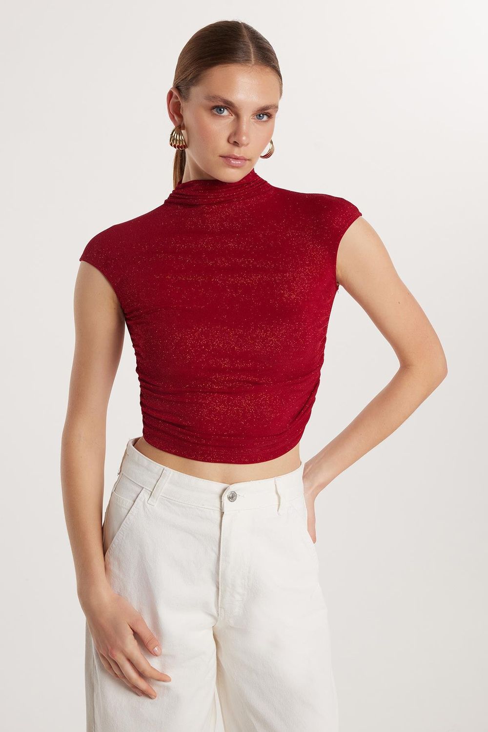 Kadın Slim Fit Dar Kesim Lastikli Kısa Kol Bordo Bisiklet Yaka Bluz