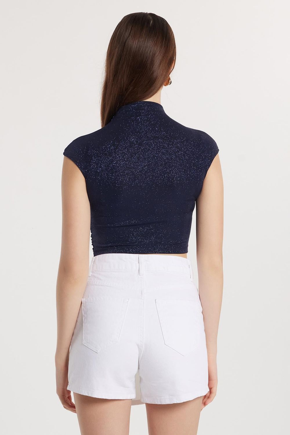 Kadın Slim Fit Dar Kesim Lastikli Kısa Kol Lacivert Bisiklet Yaka Bluz
