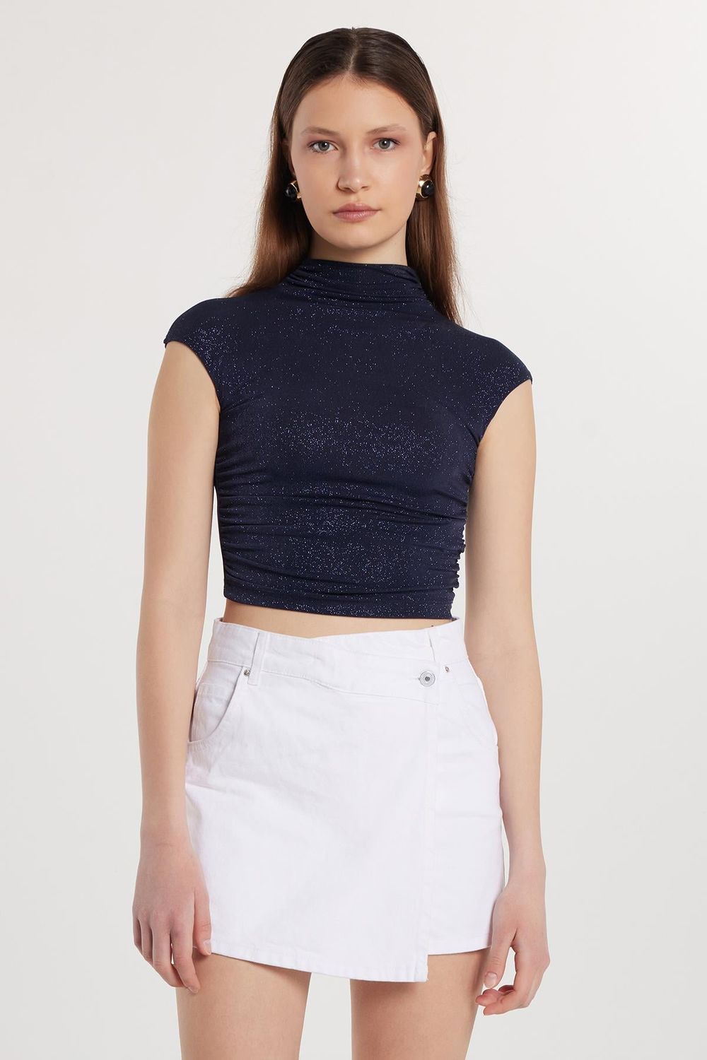 Kadın Slim Fit Dar Kesim Lastikli Kısa Kol Lacivert Bisiklet Yaka Bluz
