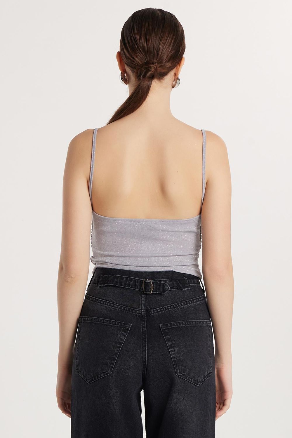 Kadın Slim Fit Dar Kesim İnce Askılı Gri Bluz
