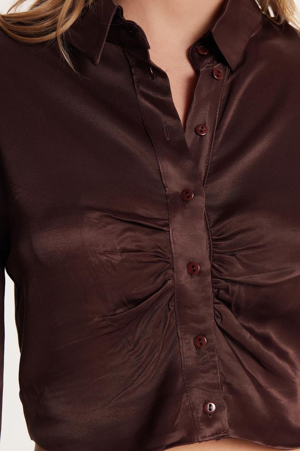 Kadın Slim Fit Dar Kesim Uzun Kollu  Klasik Yaka Kahverengi Gömlek