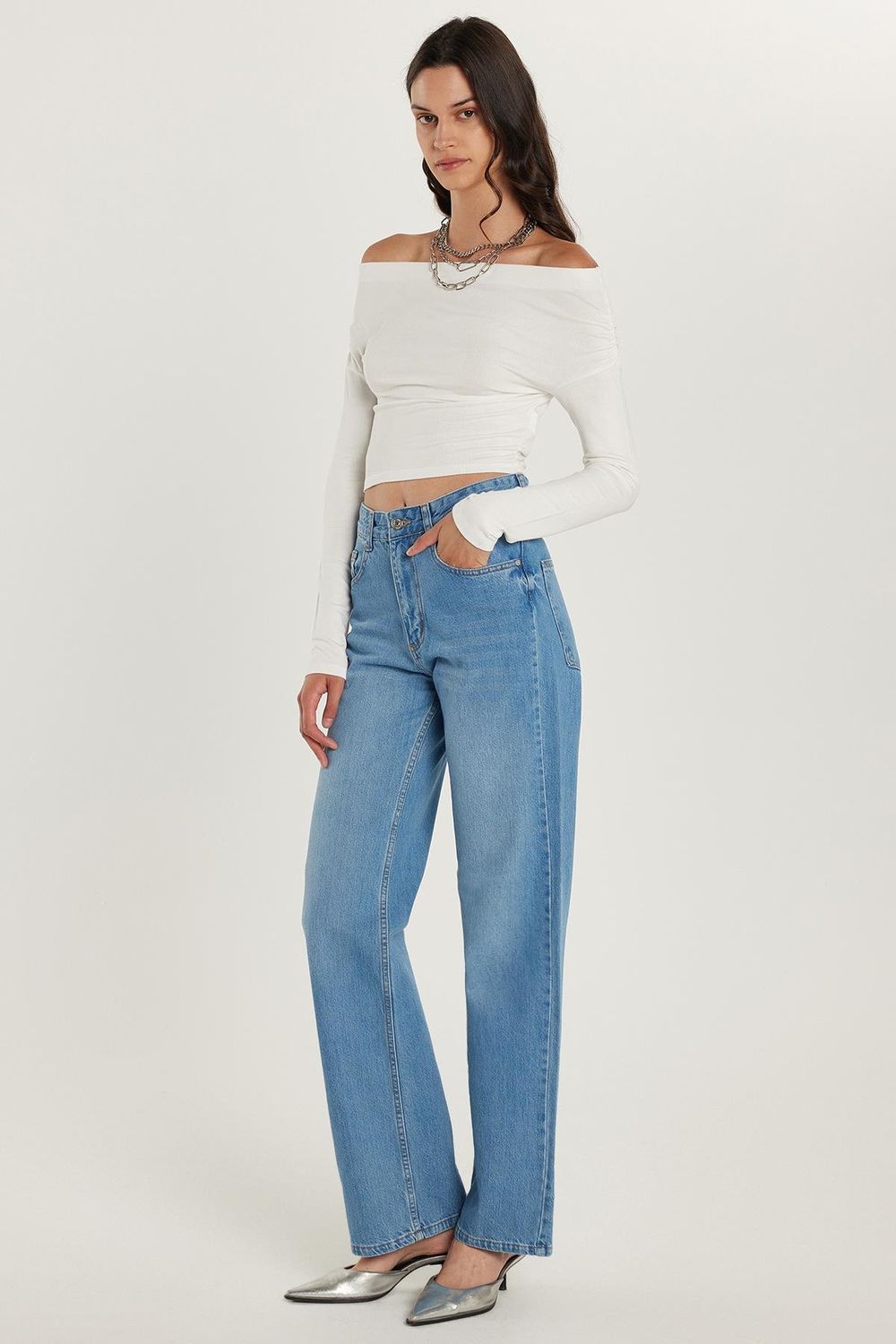 Kadın Regular Fit Geniş Paça Mavi Jean Pantolon