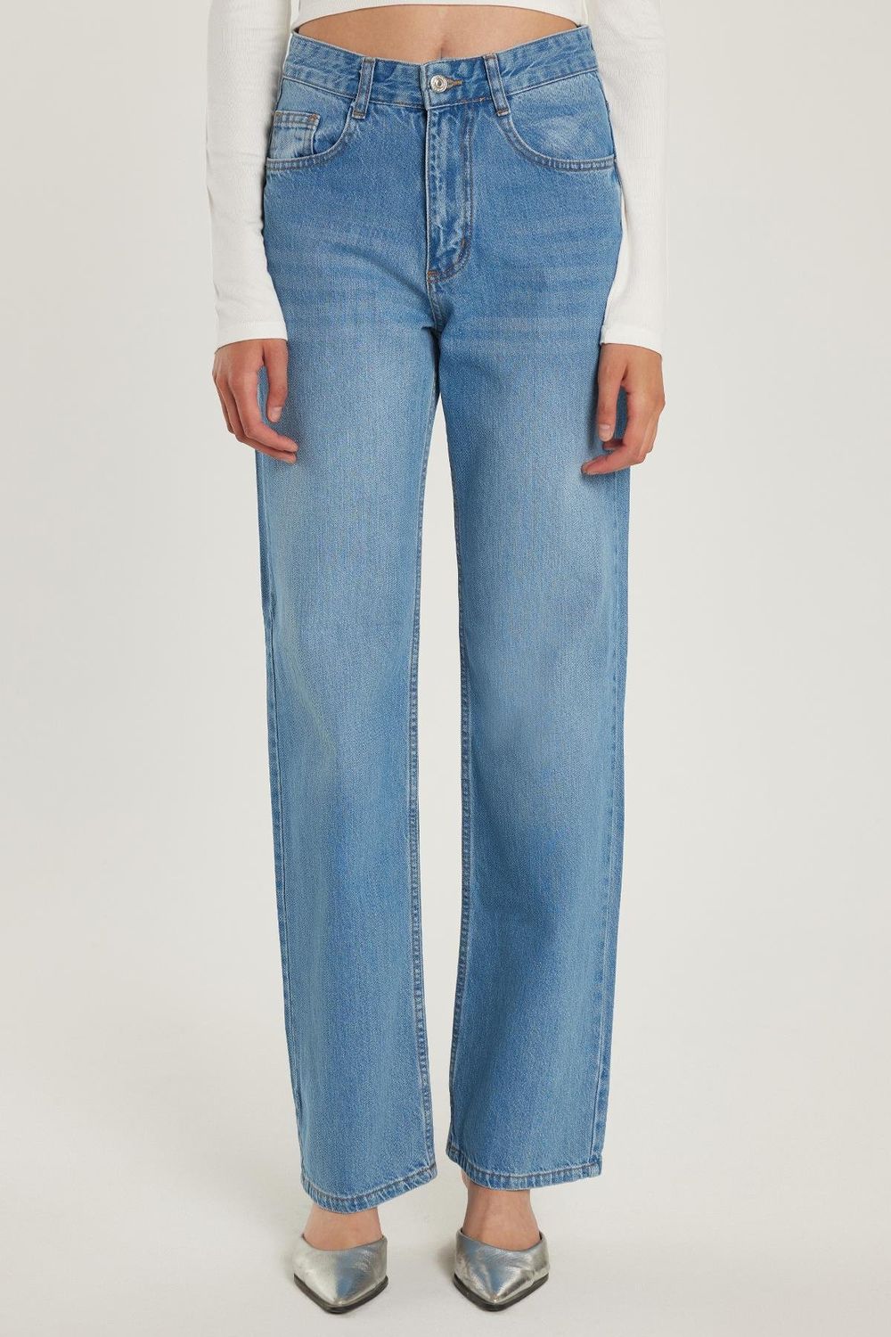 Kadın Regular Fit Geniş Paça Mavi Jean Pantolon