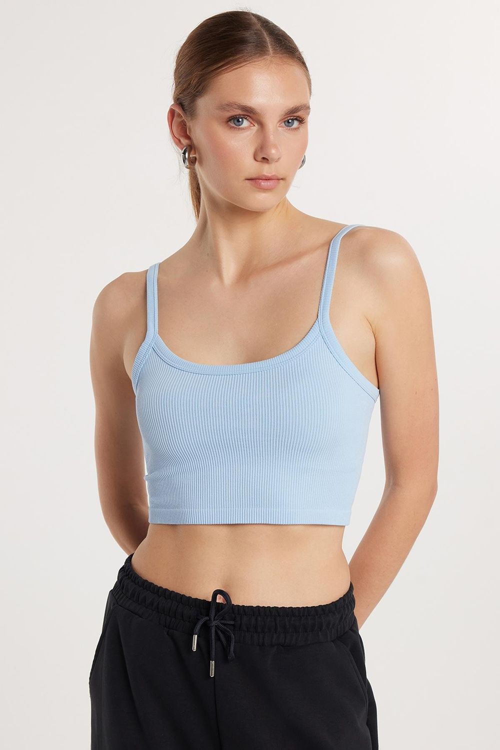 Kadın Slim Fit Kare Yaka Düz Basic Mavi Atlet