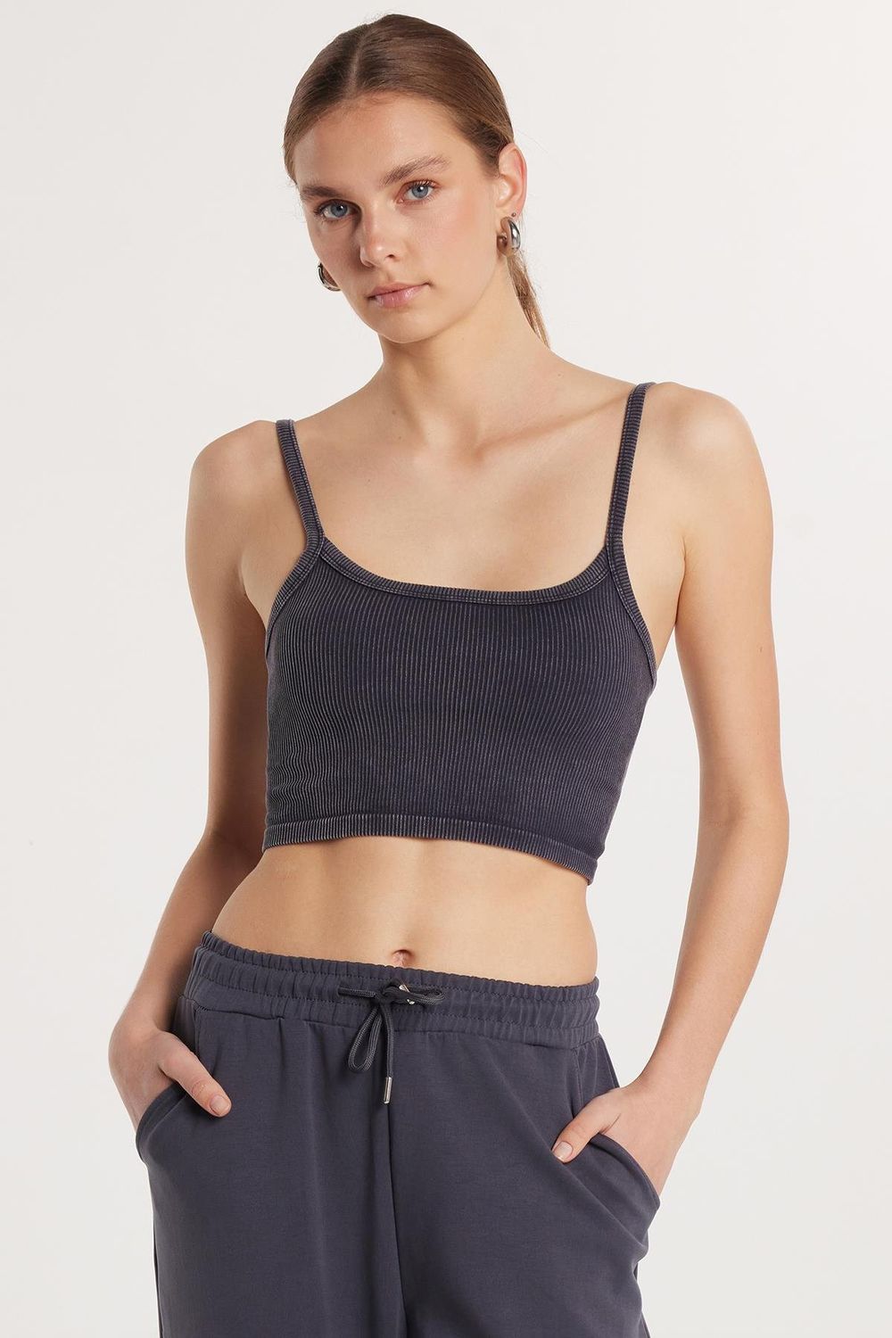 Kadın Slim Fit Kare Yaka Düz Basic Antrasit Atlet