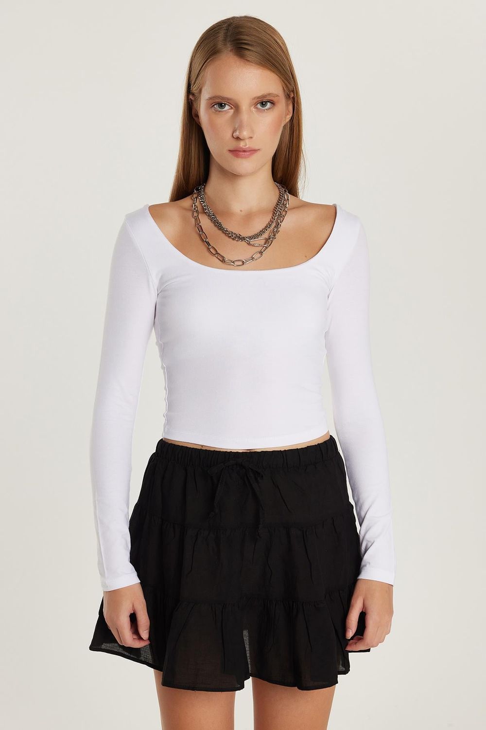 Kadın Slim Fit Dar Kesim Pamuklu Kayık Yaka Beyaz Bluz