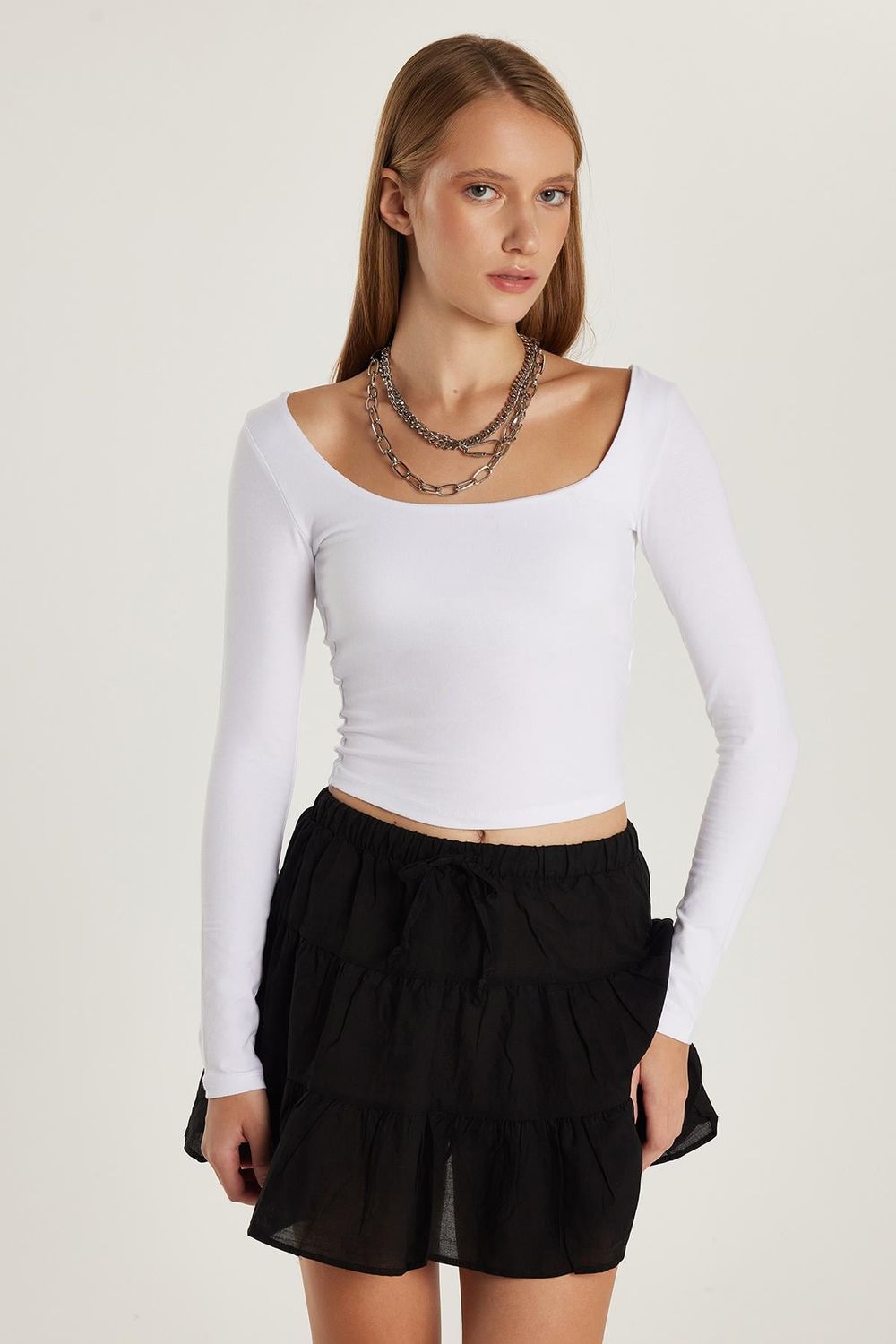 Kadın Slim Fit Dar Kesim Pamuklu Kayık Yaka Beyaz Bluz