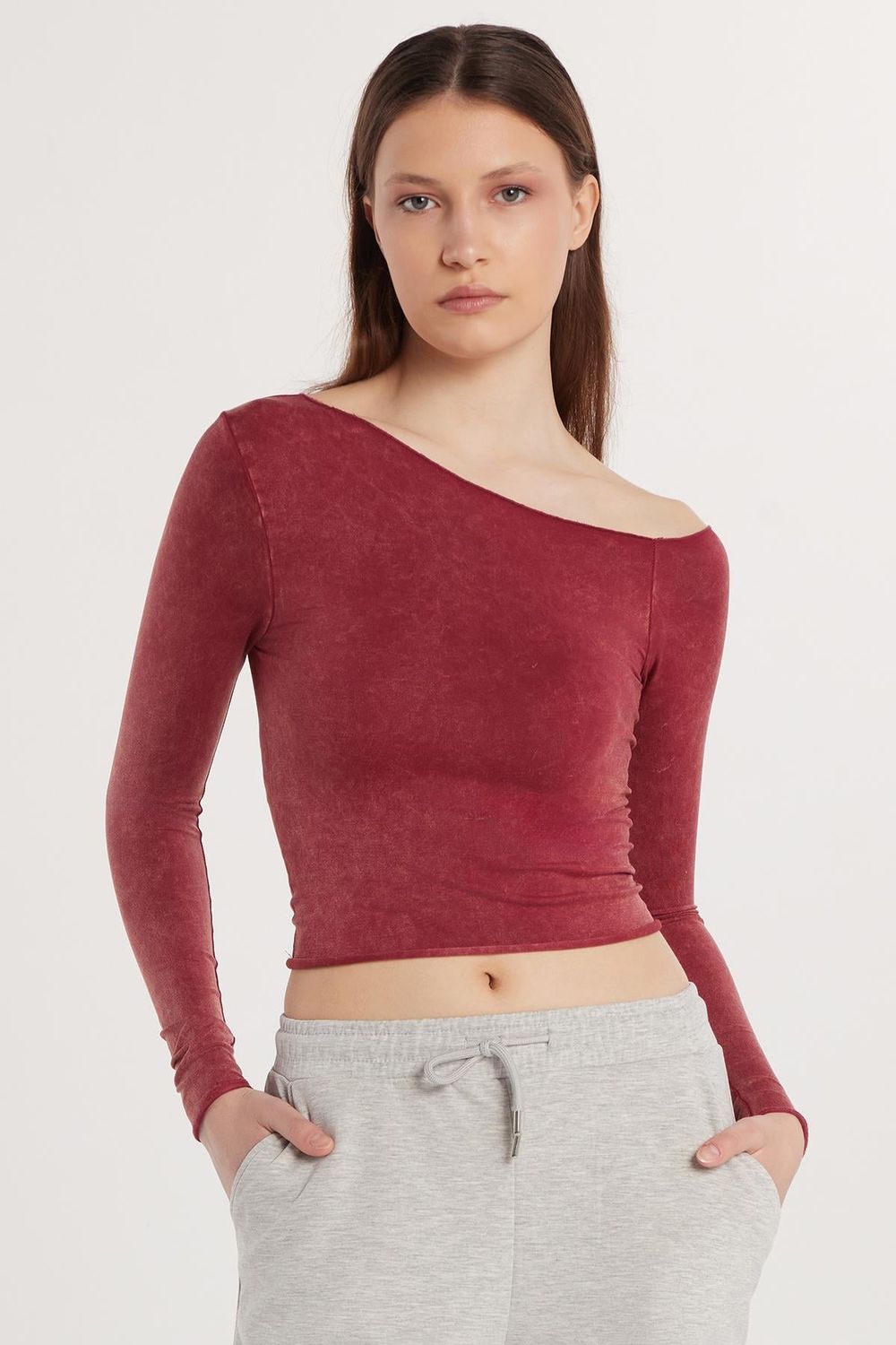 Kadın Slim Fit Dar Kesim Omuz Detaylı Bordo Bluz