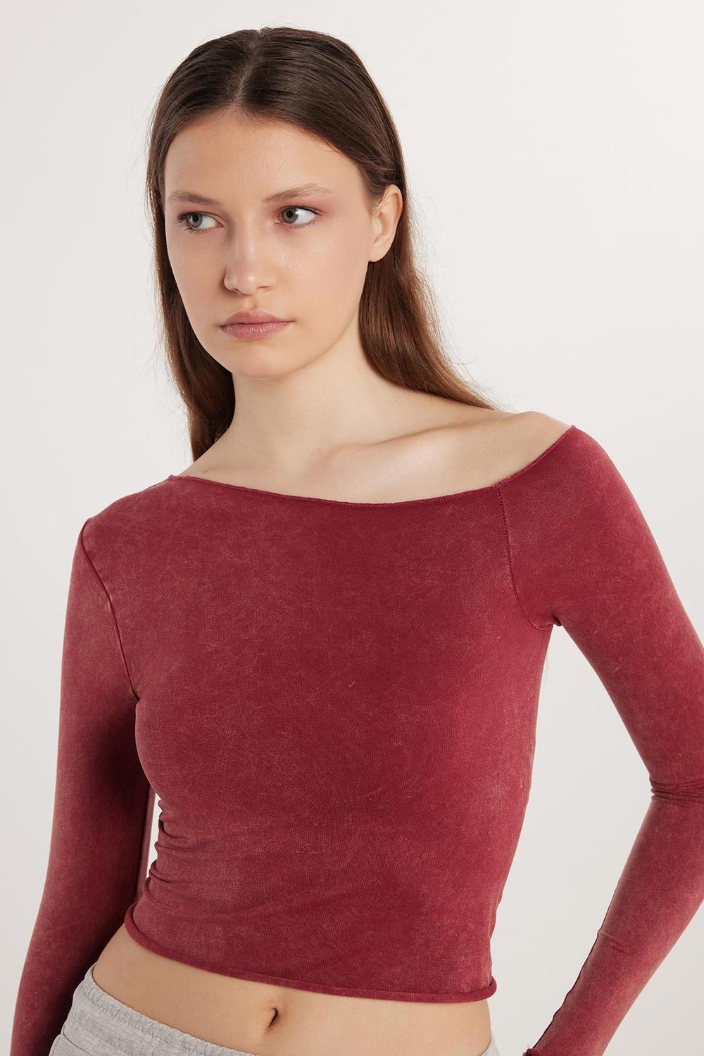 Kadın Slim Fit Dar Kesim Omuz Detaylı Bordo Bluz