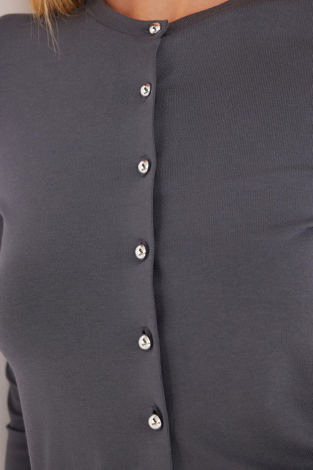 Kadın Standart Fit Normal Kesim Bisiklet Yaka Antrasit Hırka