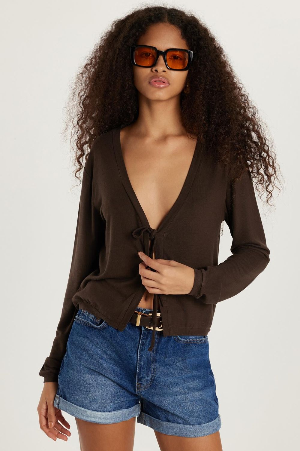 Kadın Slim Fit Dar Kesim Bağlamalı Uzun Kollu V Yaka Kahverengi Hırka