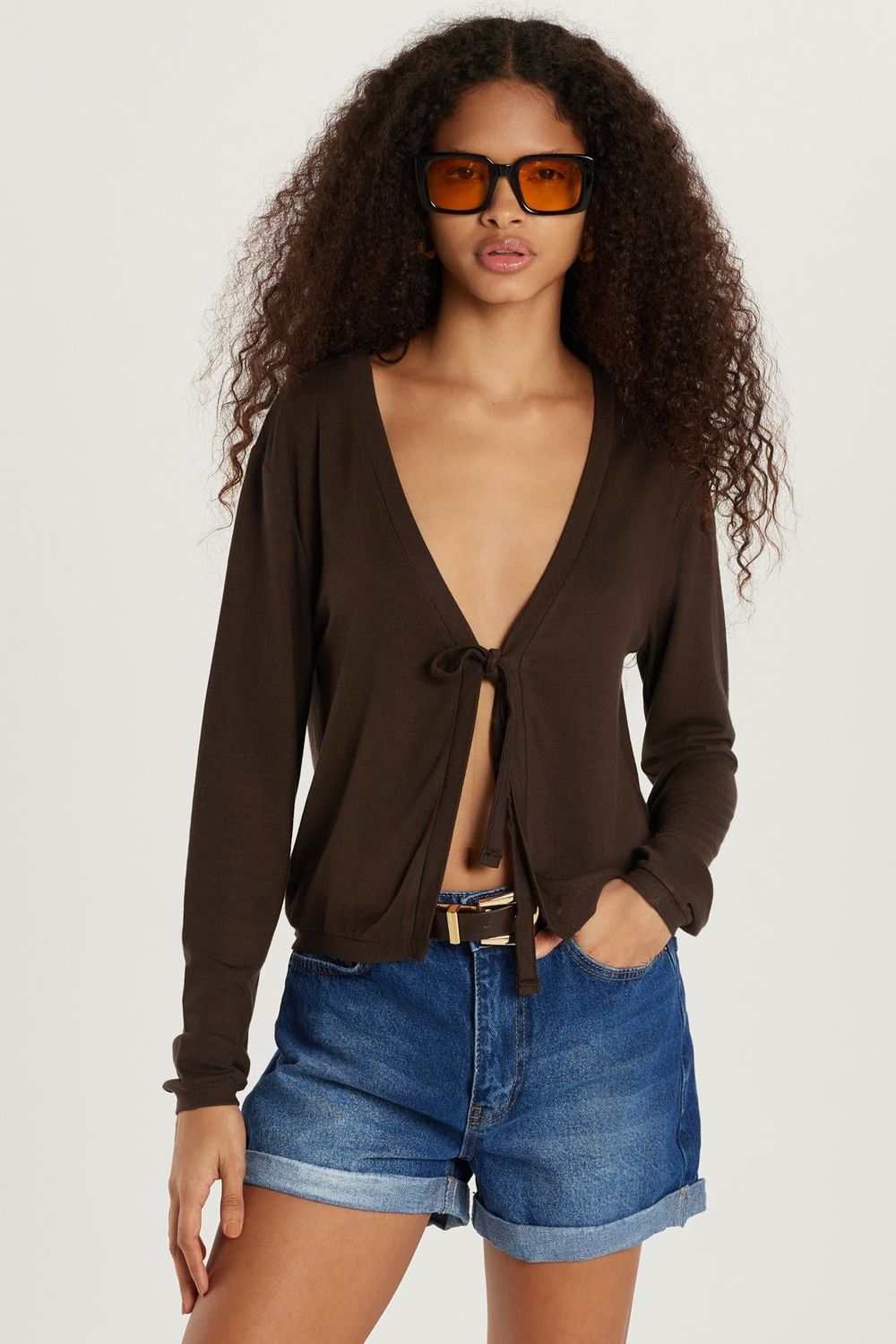 Kadın Slim Fit Dar Kesim Bağlamalı Uzun Kollu V Yaka Kahverengi Hırka