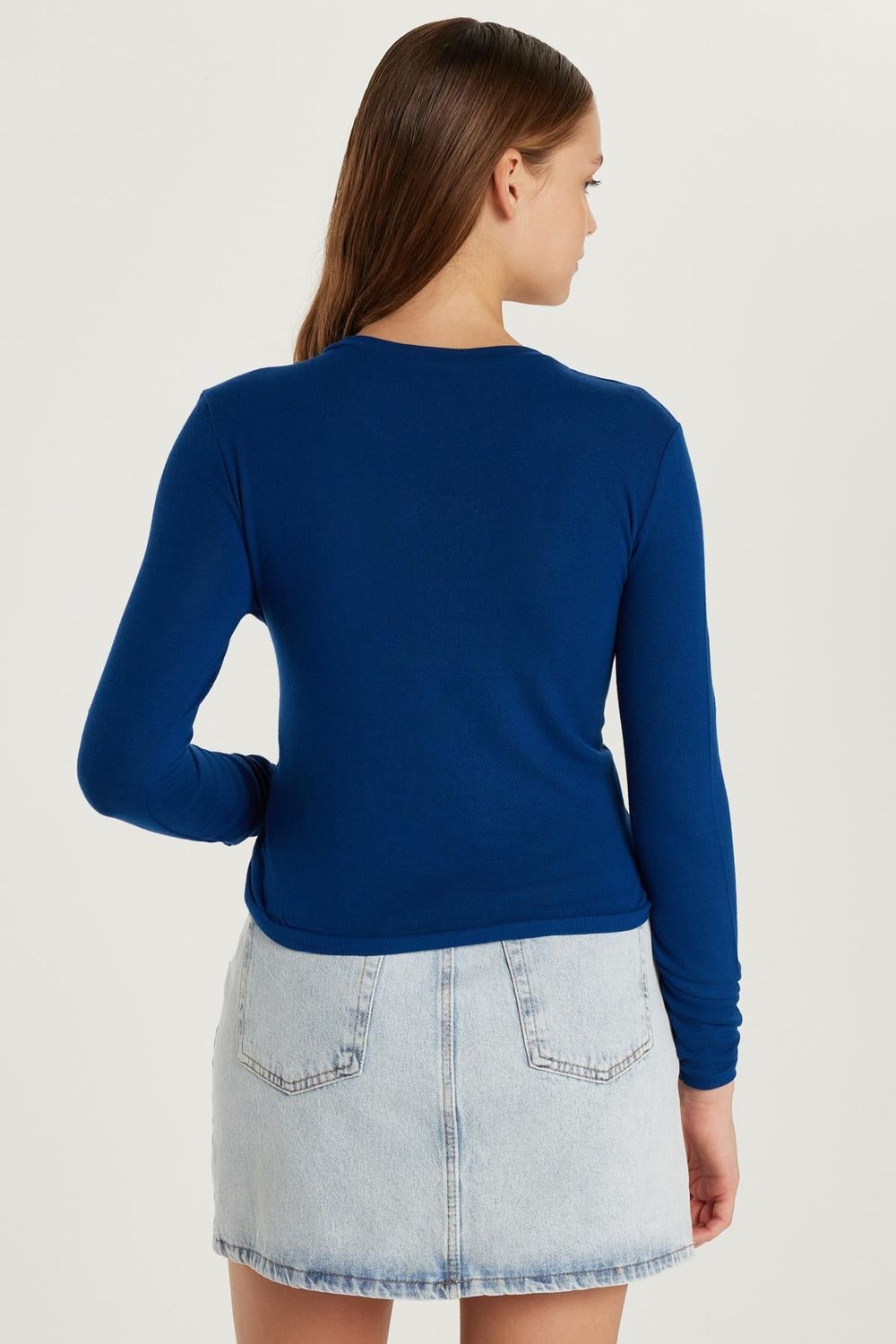 Kadın Slim Fit Dar Kesim Bağlamalı Uzun Kollu V Yaka Lacivert Hırka