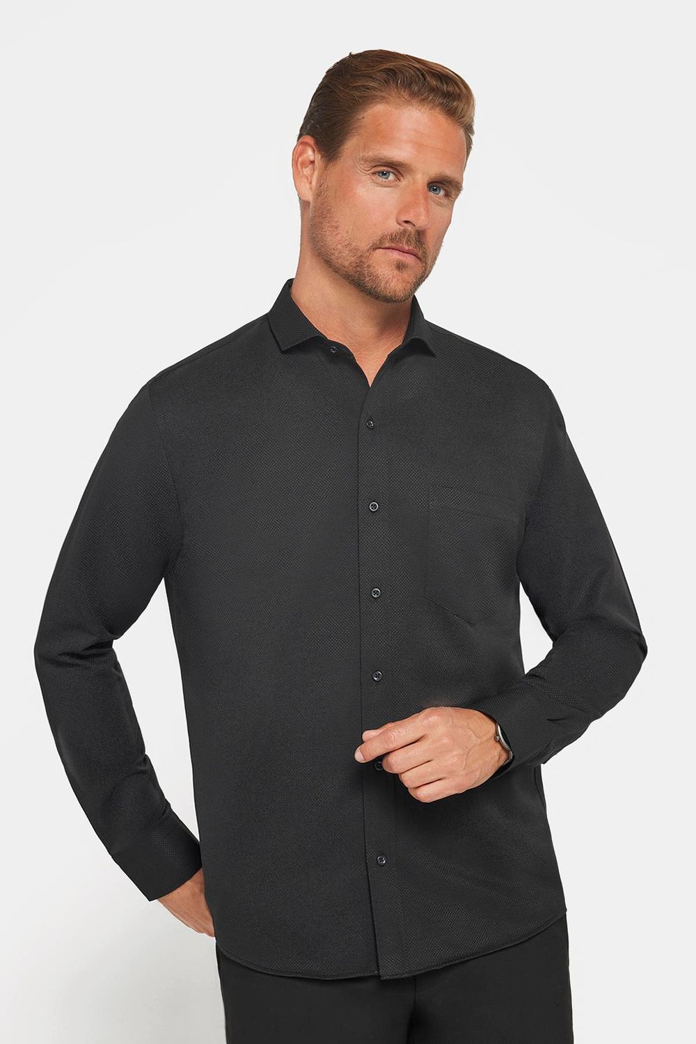 Klasik Fit Pamuklu Kolay Ütü Armürlü Erkek Siyah Gömlek