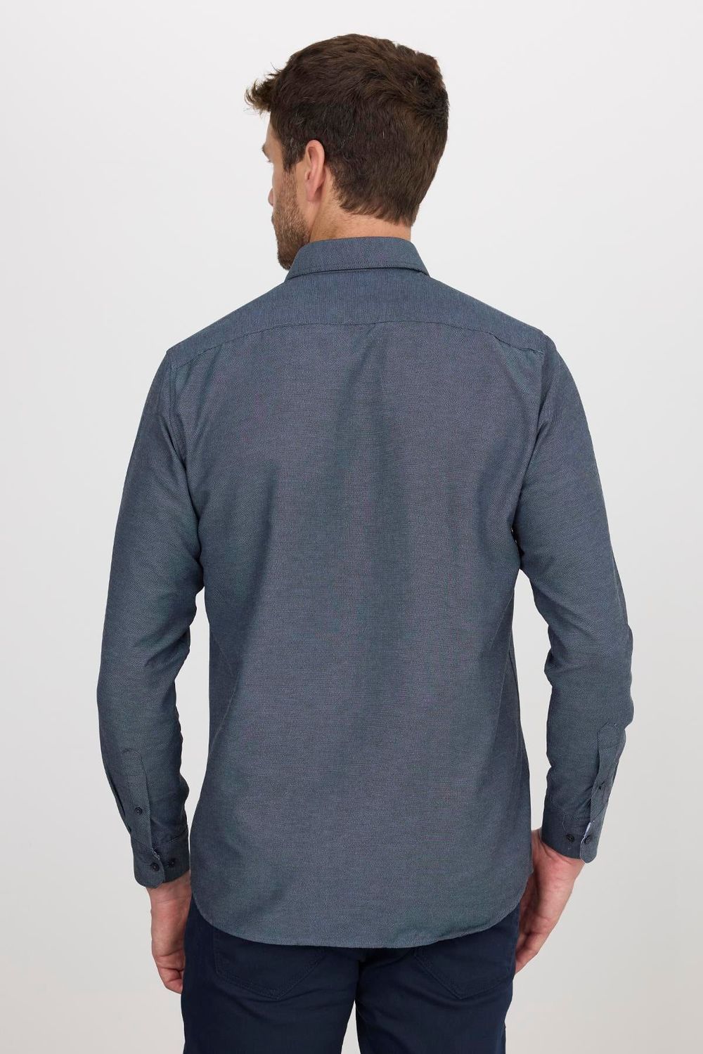 Erkek Regular Fit Klasik Kesim Pamuklu Oxford Doku Tek Cepli İndigo Düğmeli Yaka Gömlek