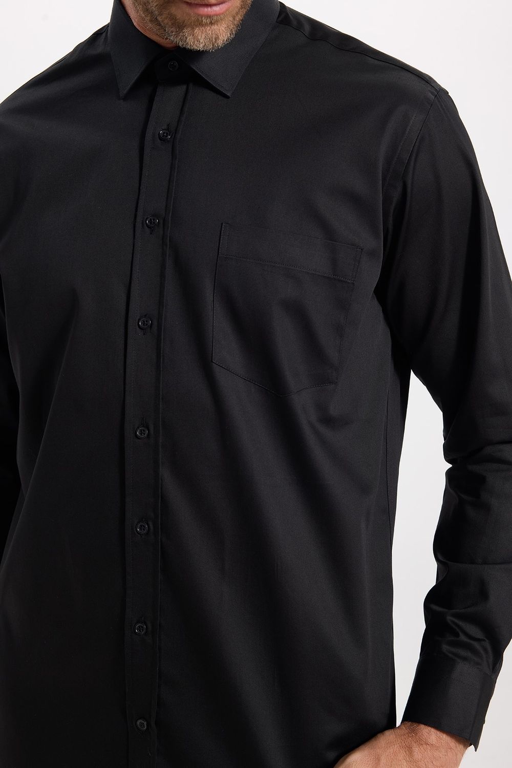 Erkek Regular Fit Klasik Kesim %100 Pamuk Saten Tek Cepli Siyah Gömlek