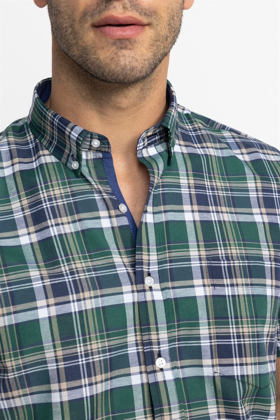 Classic Fit Kısa Kol Ekoseli Düğmeli Yaka Erkek Gömlek