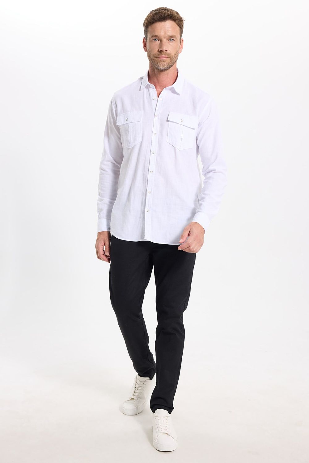 Erkek Regular Fit Klasik Kesim Oversize %100 Pamuk Keten Doku Çift Cep Beyaz Gömlek