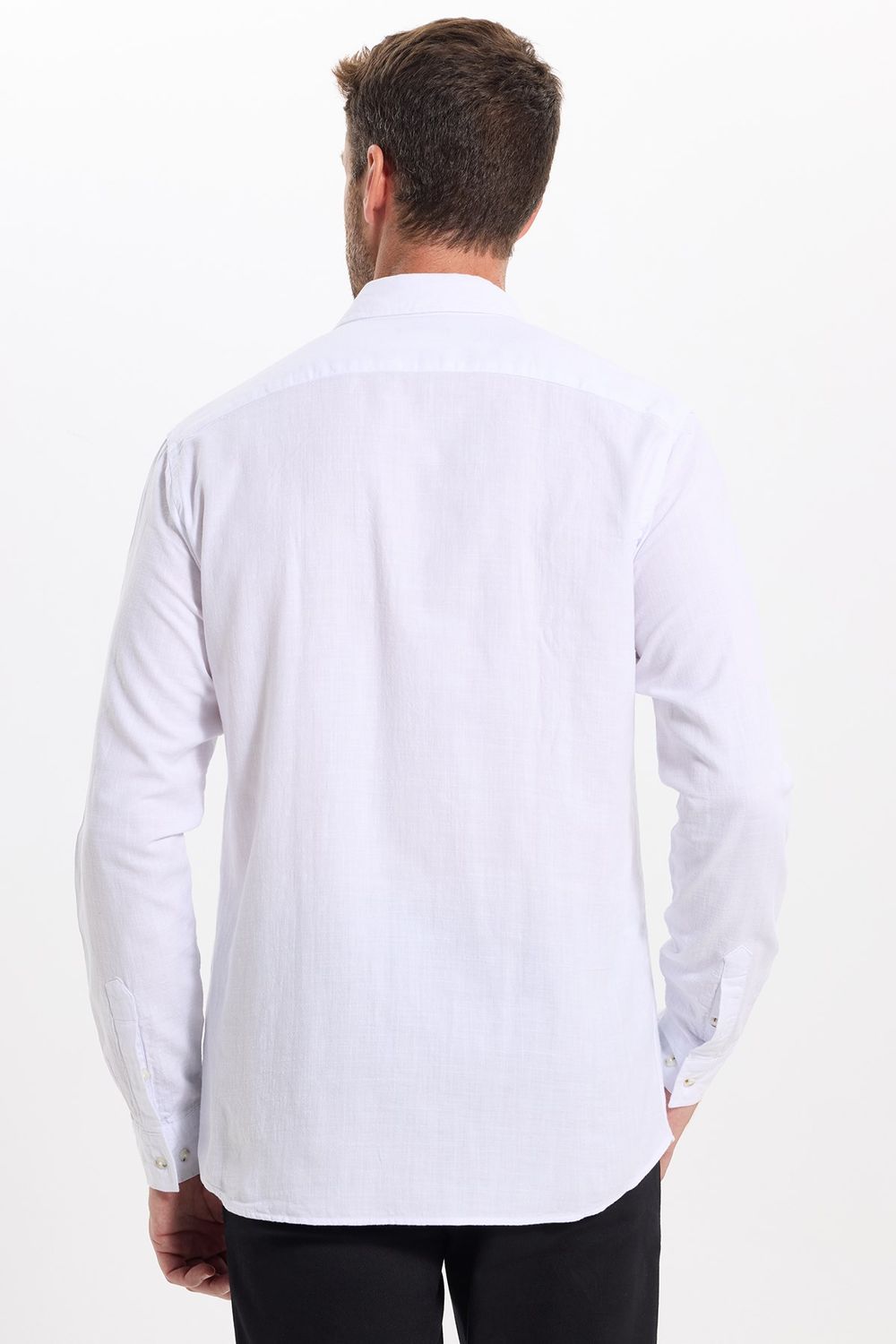 Erkek Regular Fit Klasik Kesim Oversize %100 Pamuk Keten Doku Çift Cep Beyaz Gömlek