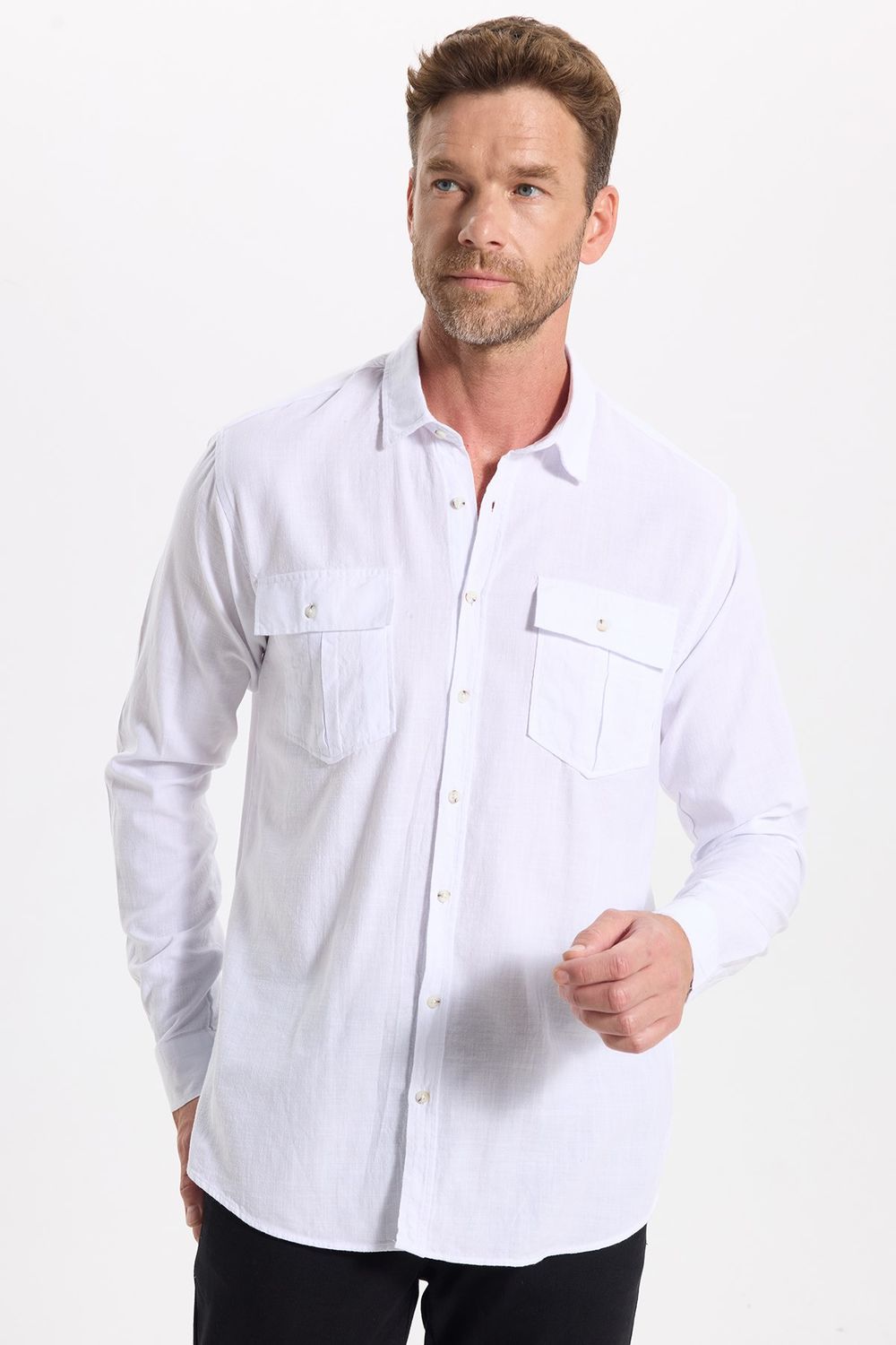 Erkek Regular Fit Klasik Kesim Oversize %100 Pamuk Keten Doku Çift Cep Beyaz Gömlek