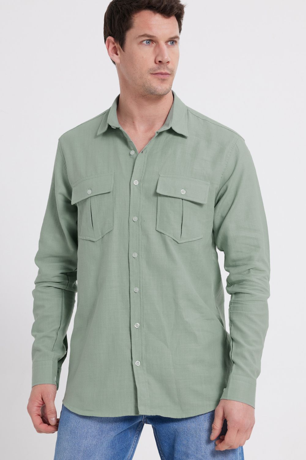 Erkek Regular Fit Klasik Kesim Oversize %100 Pamuk Keten Doku Çift Cep Yeşil Gömlek