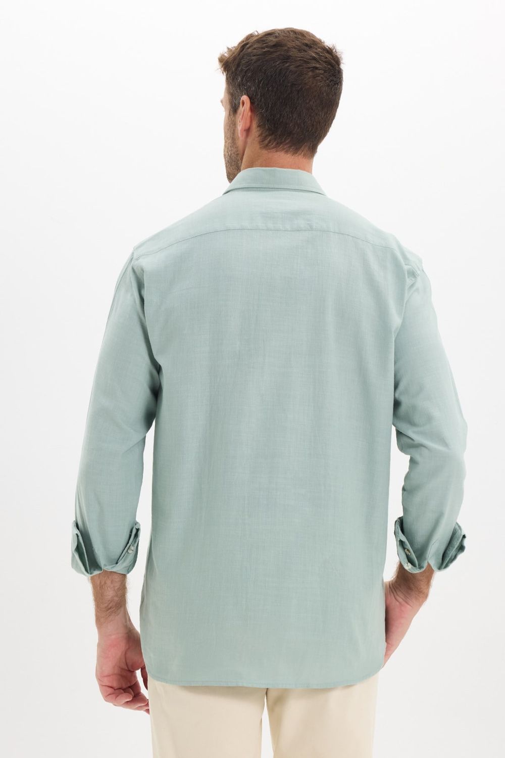 Erkek Regular Fit Klasik Kesim Oversize %100 Pamuk Keten Doku Çift Cep Yeşil Gömlek