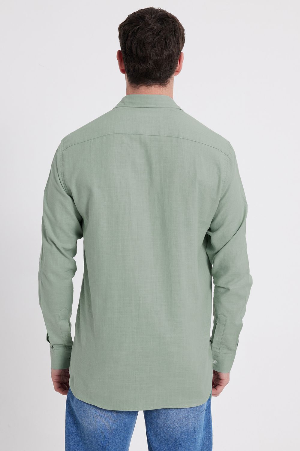 Erkek Regular Fit Klasik Kesim Oversize %100 Pamuk Keten Doku Çift Cep Yeşil Gömlek