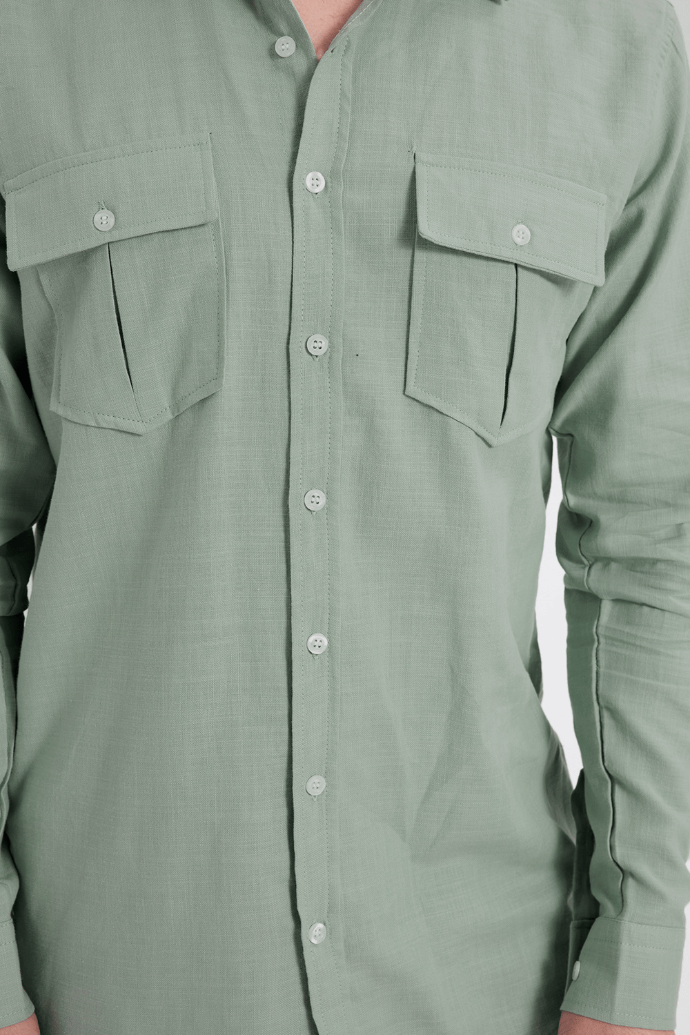 Erkek Regular Fit Klasik Kesim Oversize %100 Pamuk Keten Doku Çift Cep Yeşil Gömlek
