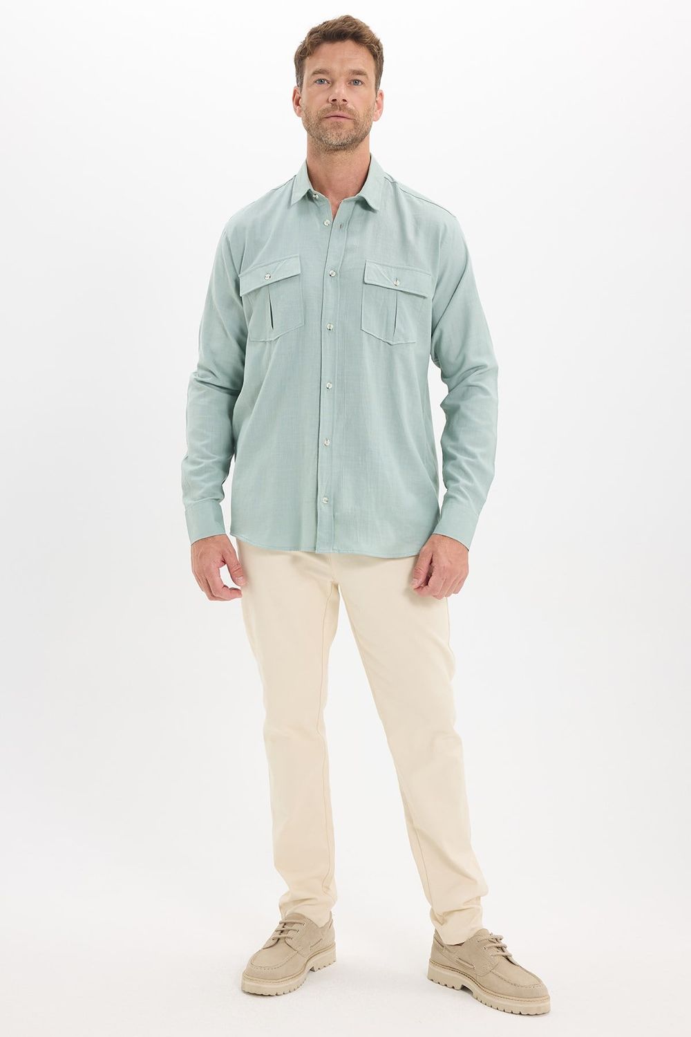 Erkek Regular Fit Klasik Kesim Oversize %100 Pamuk Keten Doku Çift Cep Yeşil Gömlek