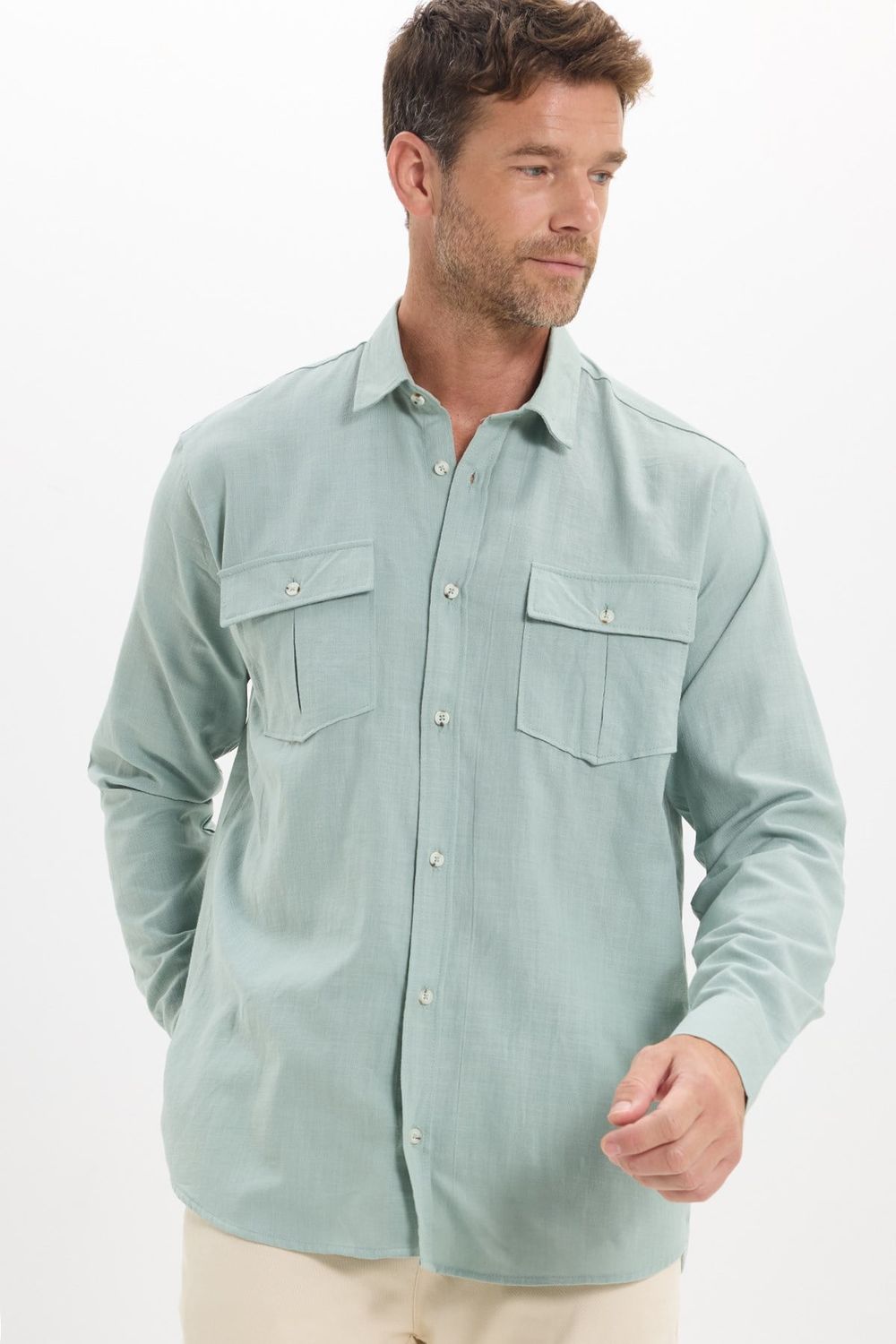 Erkek Regular Fit Klasik Kesim Oversize %100 Pamuk Keten Doku Çift Cep Yeşil Gömlek