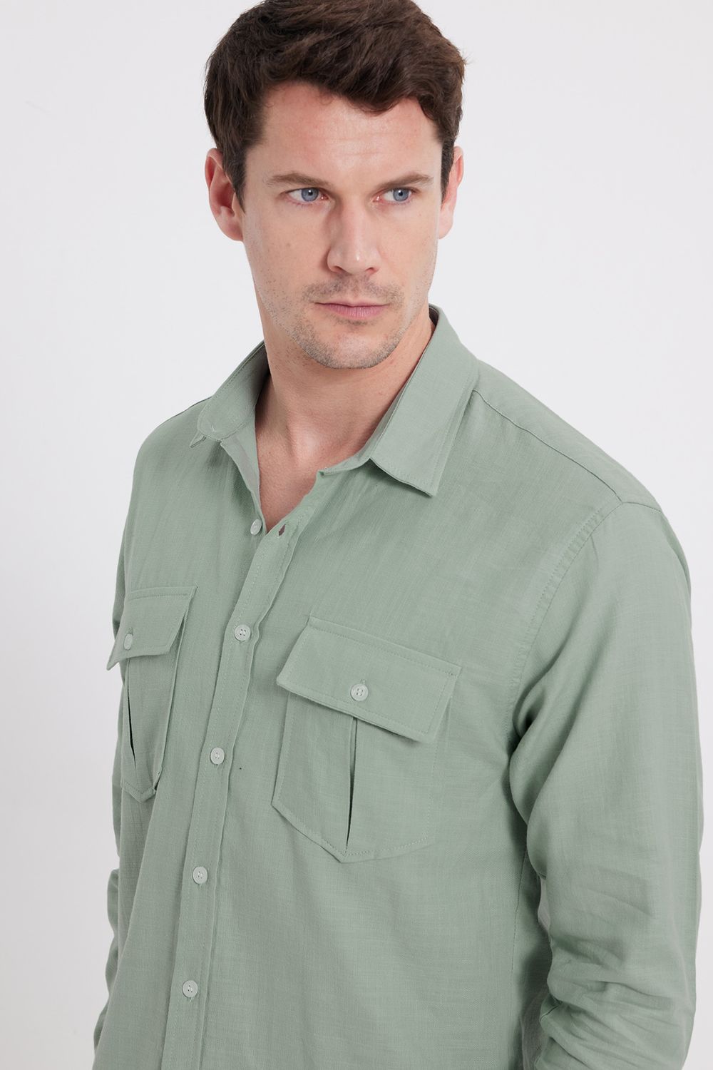 Erkek Regular Fit Klasik Kesim Oversize %100 Pamuk Keten Doku Çift Cep Yeşil Gömlek