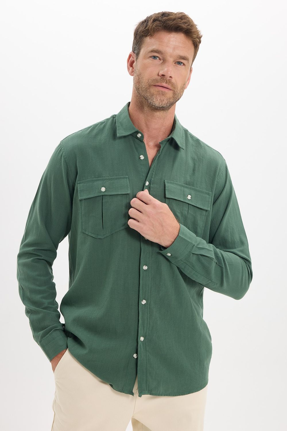 Erkek Regular Fit Klasik Kesim Oversize %100 Pamuk Keten Doku Çift Cep Haki Gömlek
