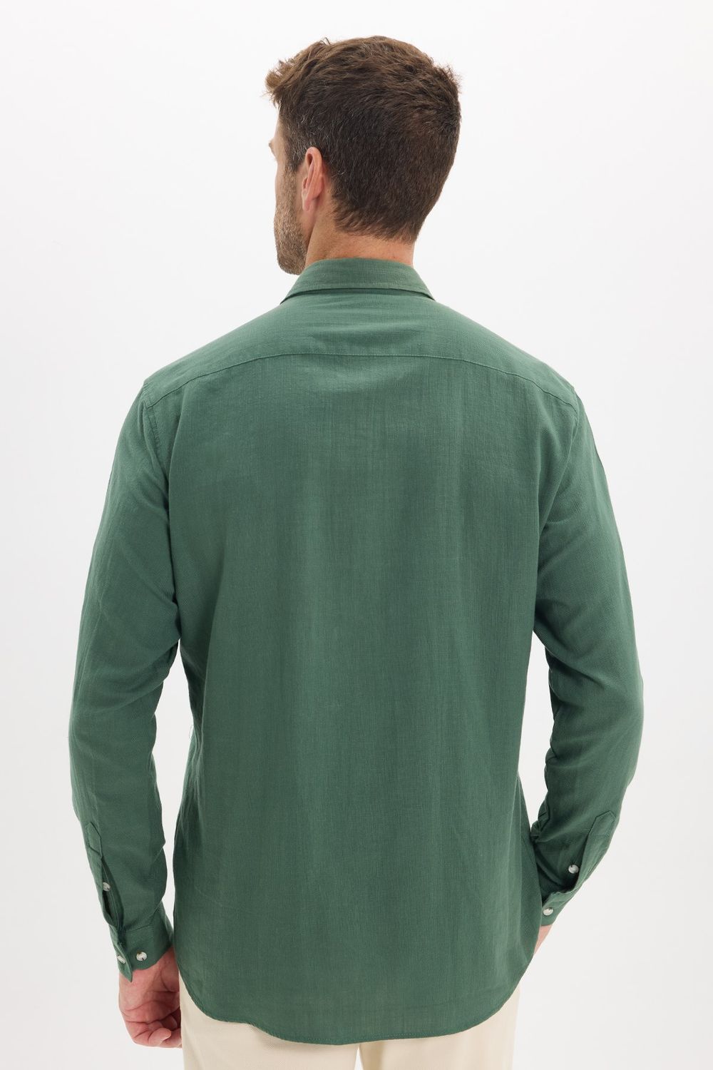 Erkek Regular Fit Klasik Kesim Oversize %100 Pamuk Keten Doku Çift Cep Haki Gömlek