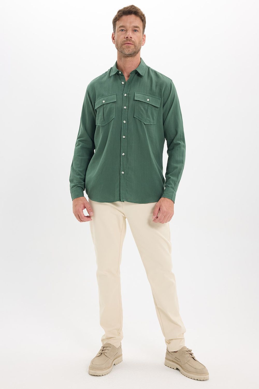 Erkek Regular Fit Klasik Kesim Oversize %100 Pamuk Keten Doku Çift Cep Haki Gömlek