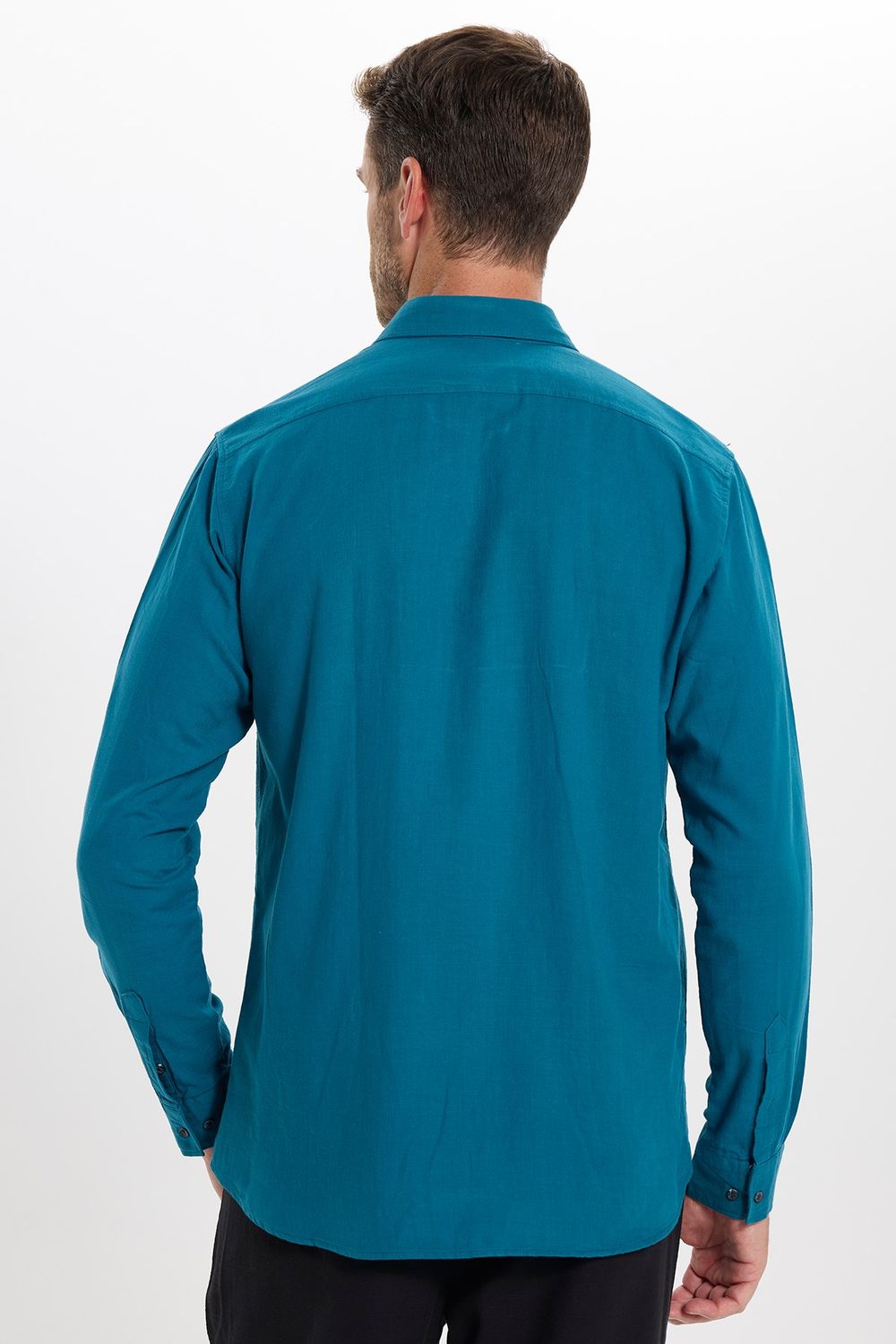 Erkek Regular Fit Klasik Kesim Oversize %100 Pamuk Keten Doku Çift Cep Petrol Renk Gömlek